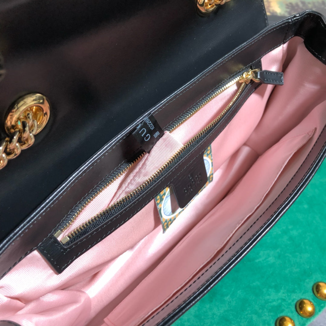 Gucci Rajah Medium Shoulder Bag - Black Leather with Tiger Head & Horsebit