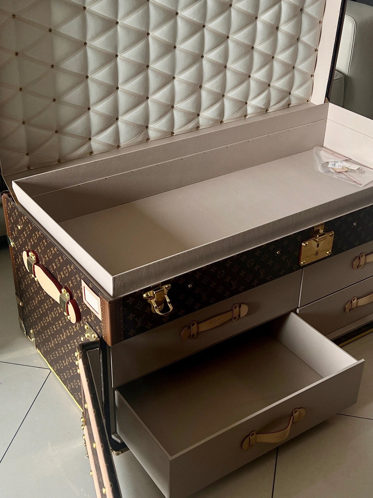 Vintage Trunk Coffee Table with Monogram Pattern and Glass Top