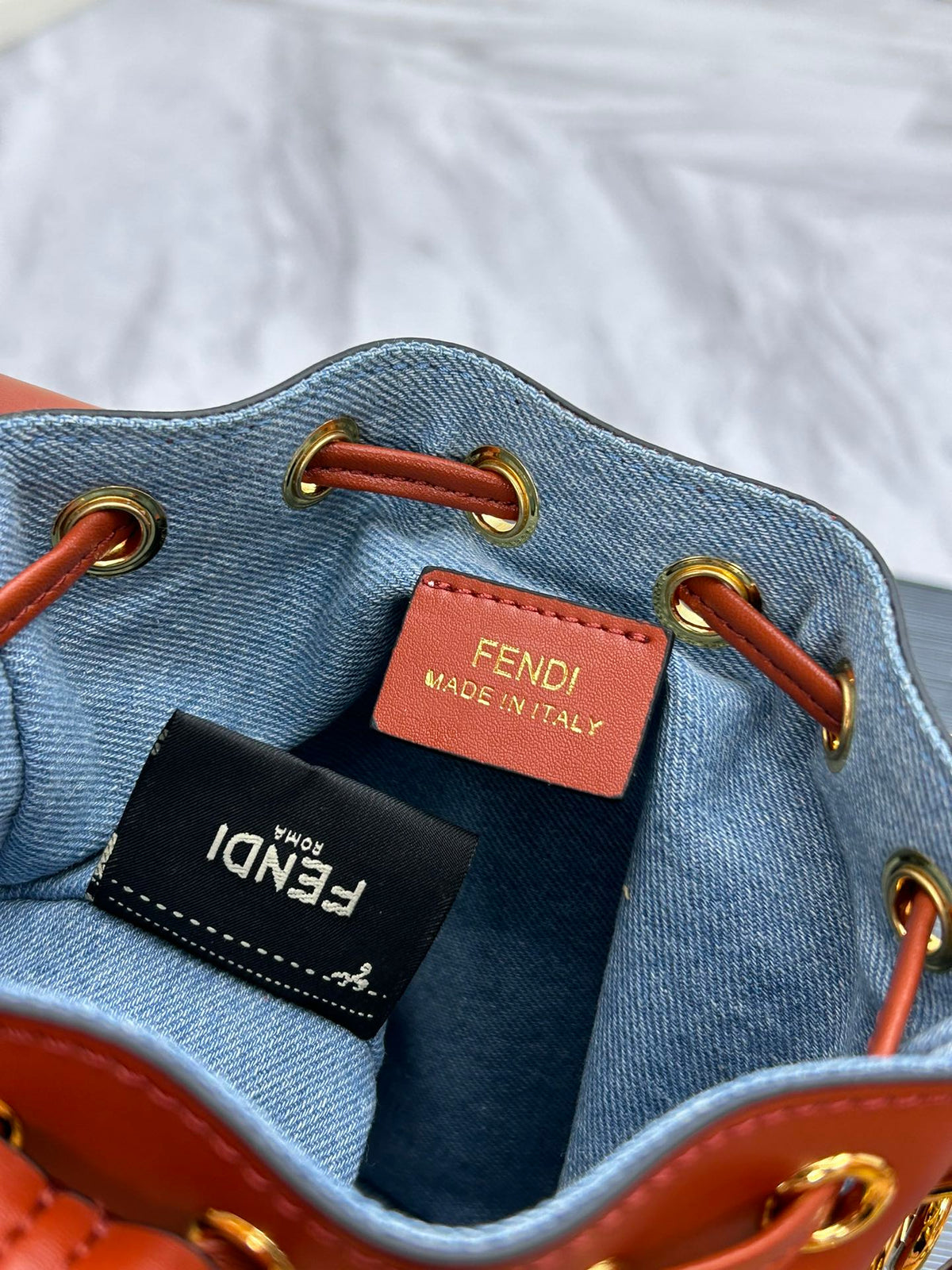 Designer Style Mini Monogram Bucket Bag - Blue Canvas & Brown Leather - 18cm