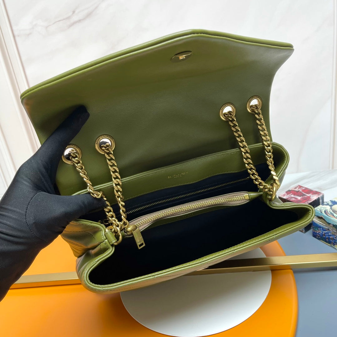 Saint Laurent Style Monogram Quilted Leather Shoulder Bag - Olive Green