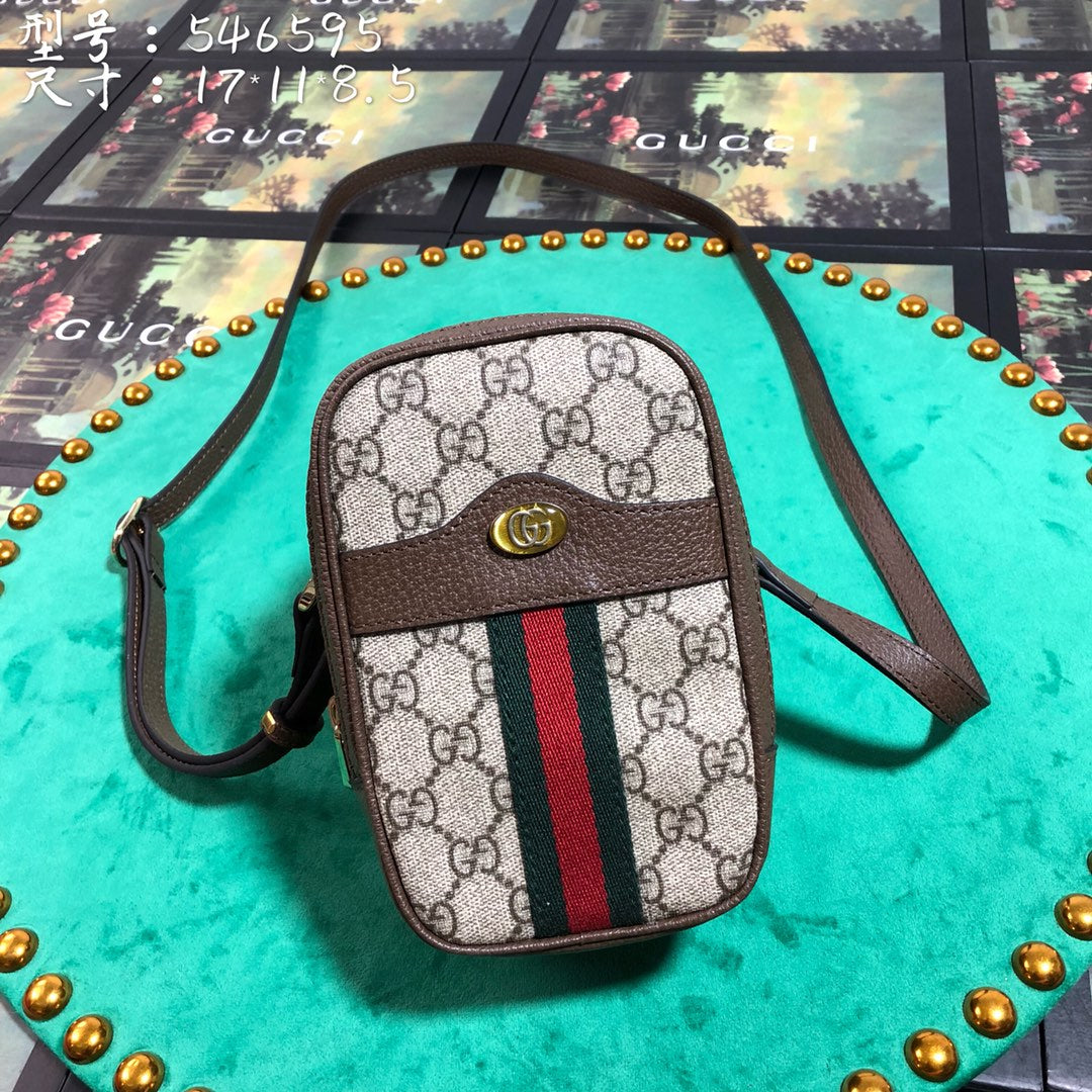 Gucci Vintage Monogram Canvas Crossbody Bag with Red and Green Stripe