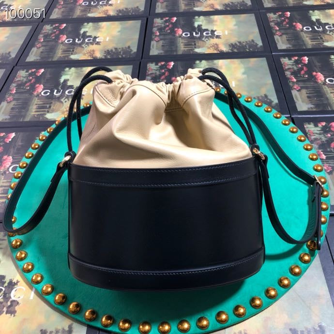 Gucci Two-Tone Leather Drawstring Bucket Bag with Gold Horsebit