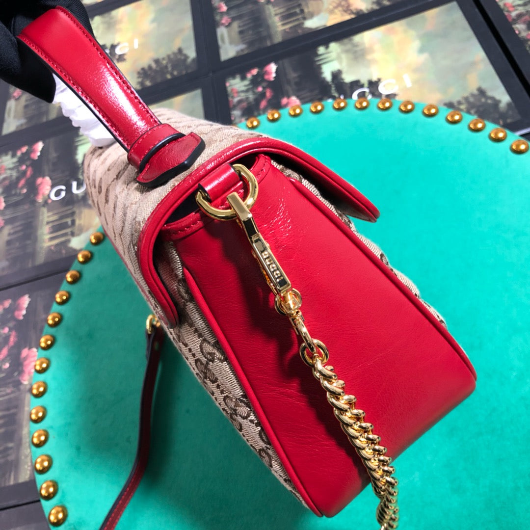 Gucci GG Marmont Small Top Handle Shoulder Bag - Quilted Canvas with Red Trim
