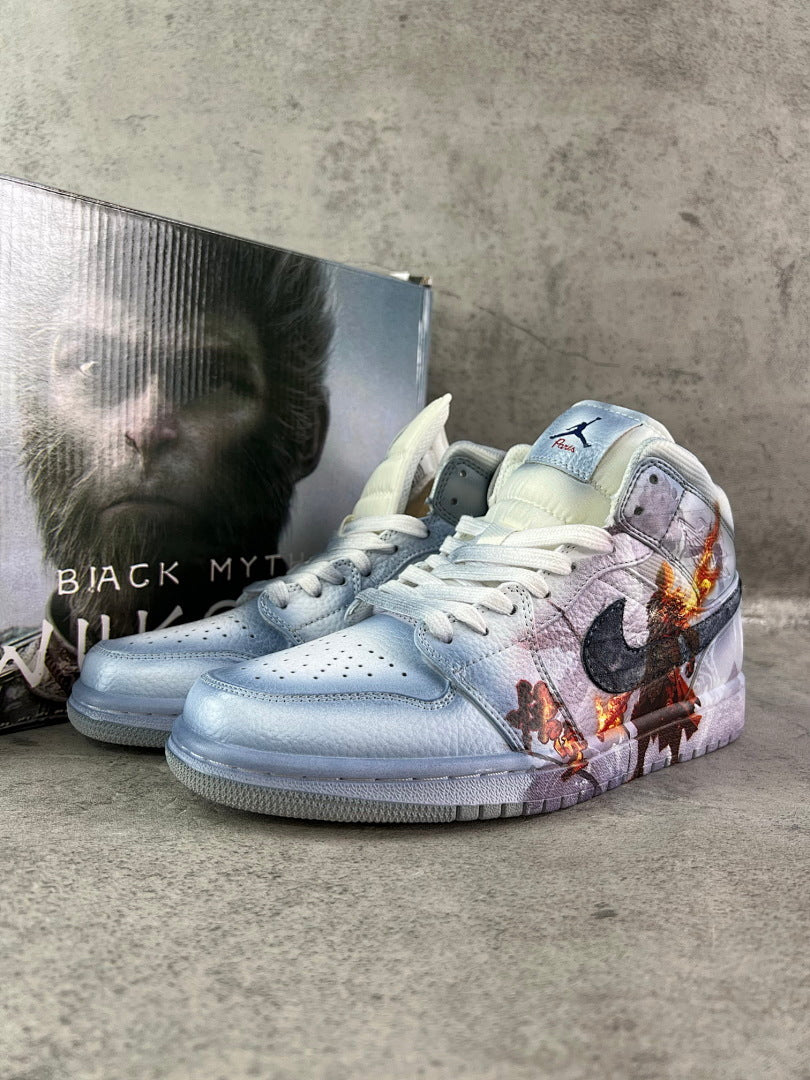 Air Jordan 1 Mid 'Black Myth: Wukong' Custom Sneakers - Fiery Monkey King Graphic Edition