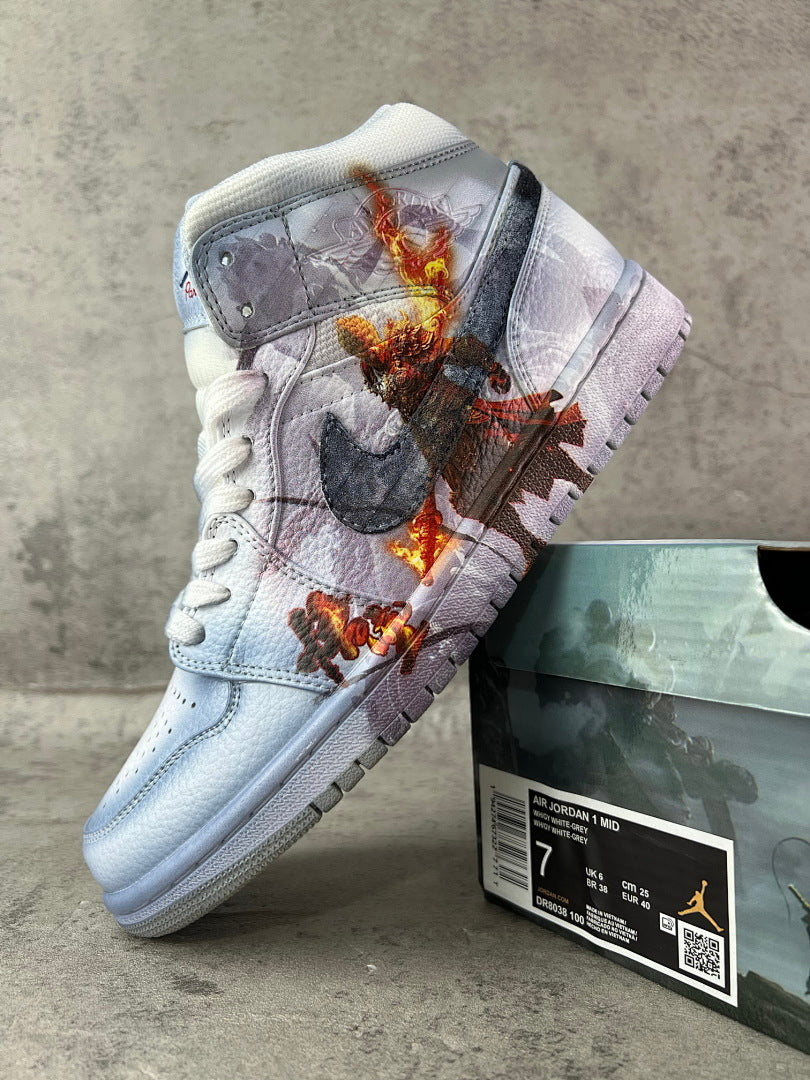 Air Jordan 1 Mid 'Black Myth: Wukong' Custom Sneakers - Fiery Monkey King Graphic Edition