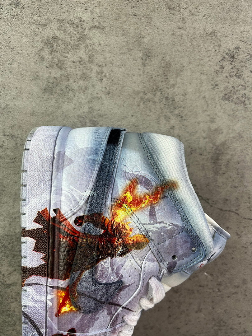 Air Jordan 1 Mid 'Black Myth: Wukong' Custom Sneakers - Fiery Monkey King Graphic Edition