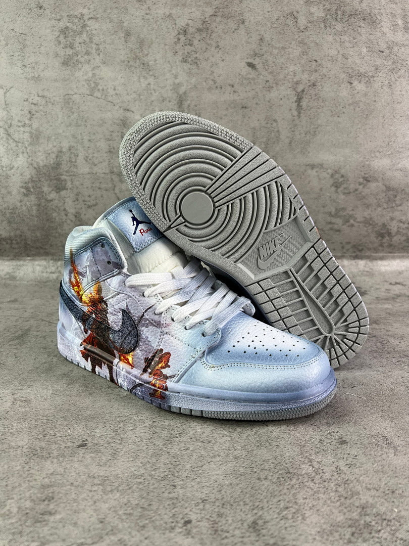 Air Jordan 1 Mid 'Black Myth: Wukong' Custom Sneakers - Fiery Monkey King Graphic Edition