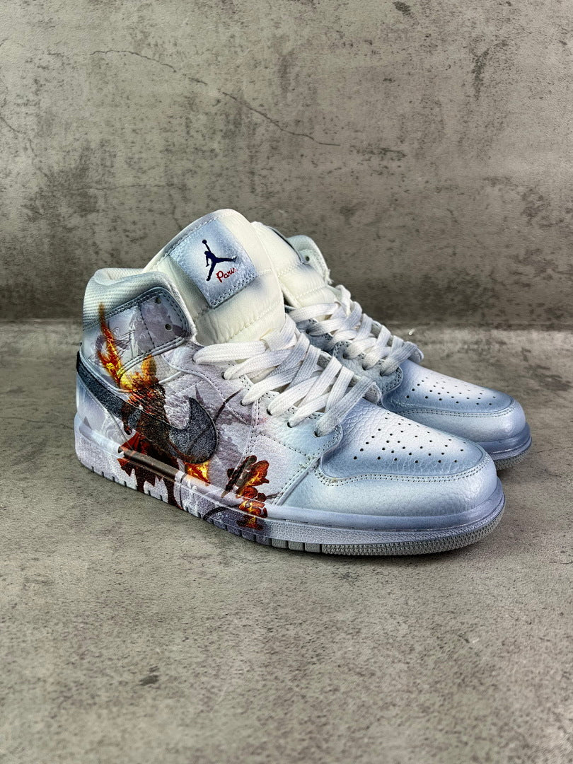 Air Jordan 1 Mid 'Black Myth: Wukong' Custom Sneakers - Fiery Monkey King Graphic Edition