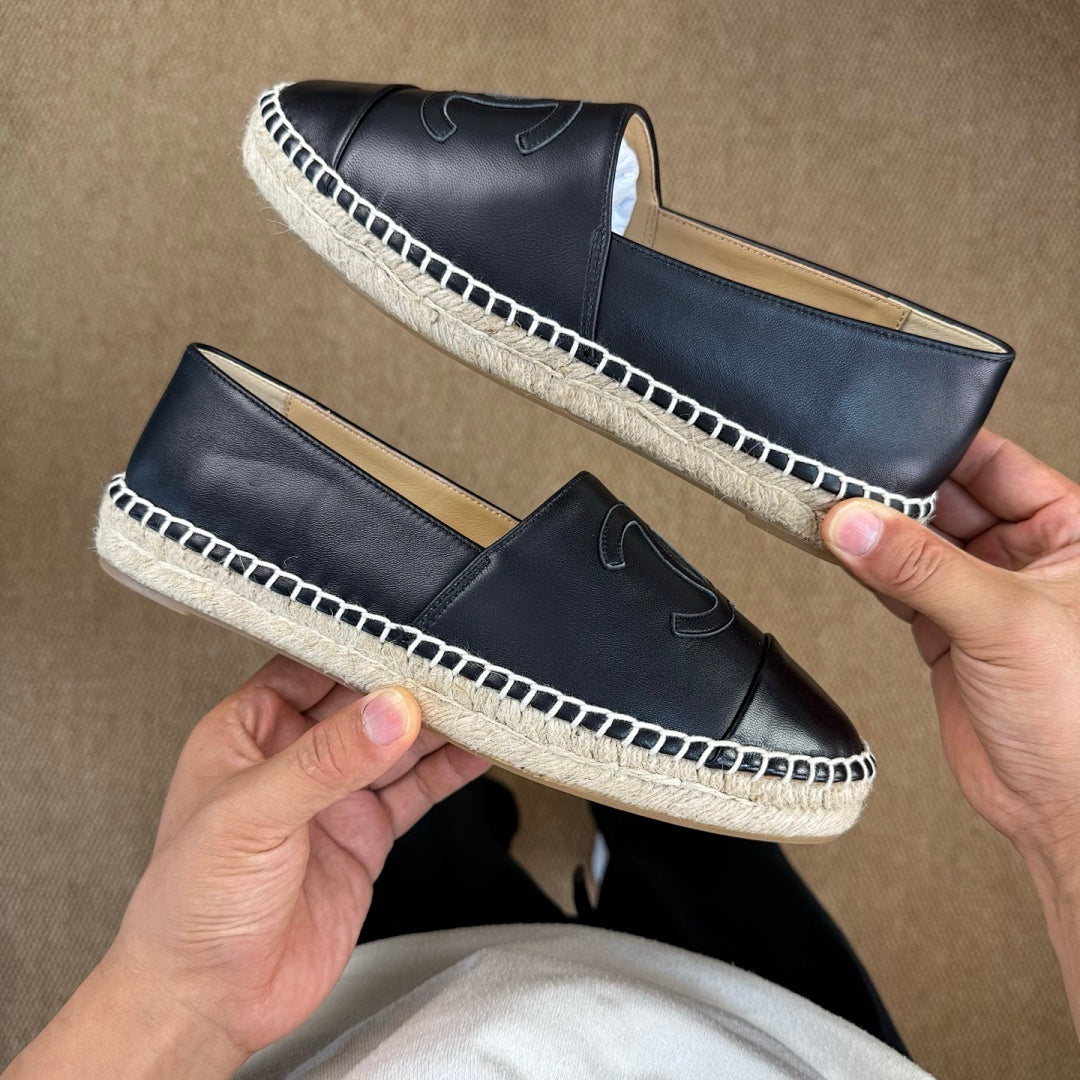 Chanel Black Leather CC Logo Espadrilles