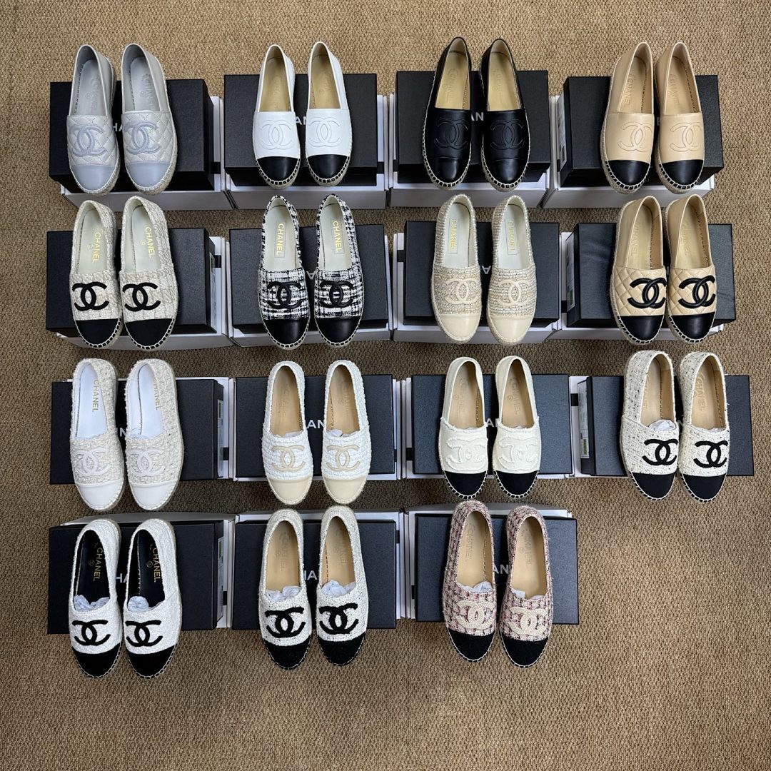 Chanel Espadrilles in White Tweed with Black Toe Cap and CC Logo