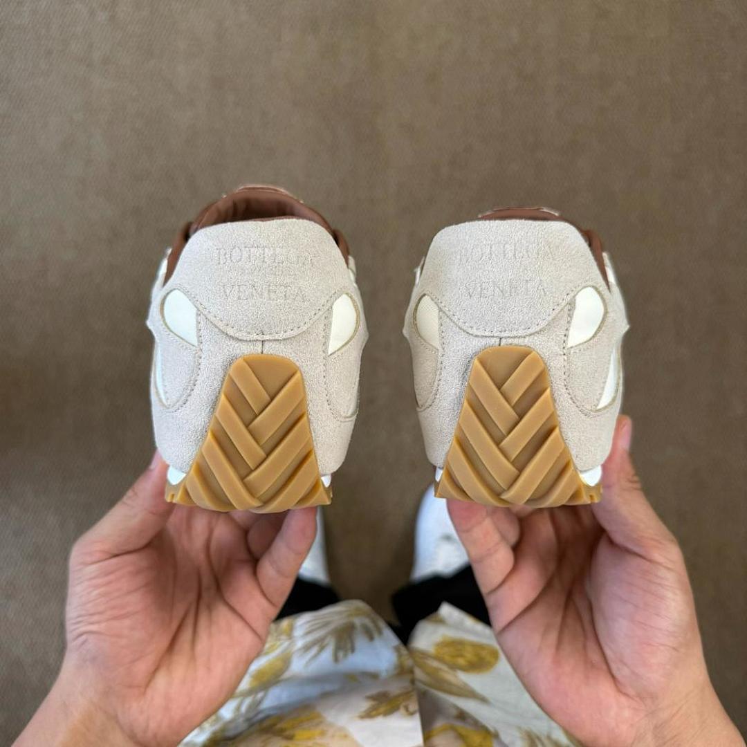 Unisex Cream Beige Suede Canvas Retro Runner Sneakers with Brown Leather Accents and Gum Sole