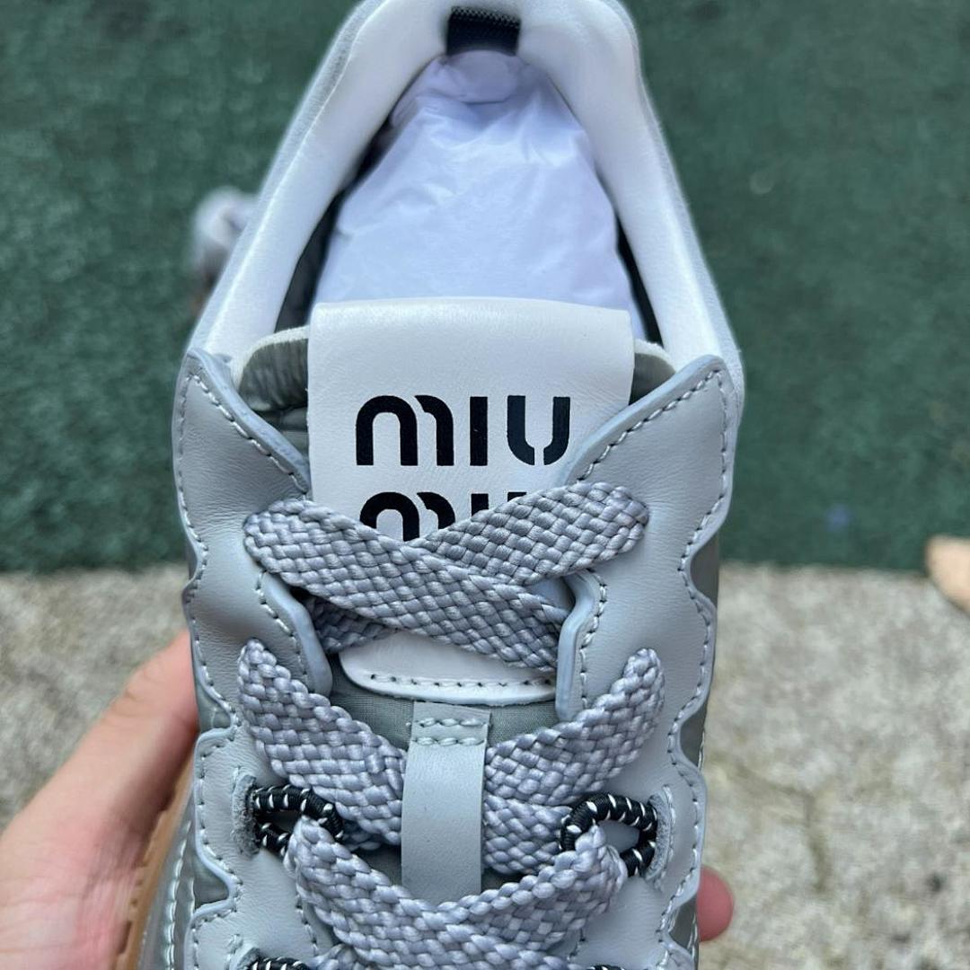 Miu Miu 5E930C Padded Nylon and Suede Lace-up Trainers Khaki Green