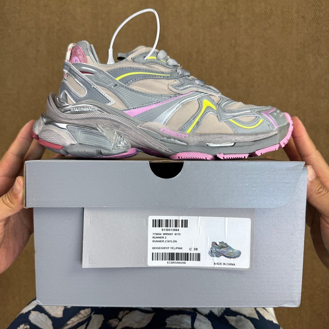 Balenciaga Runner Trainers Grey Yellow Pink
