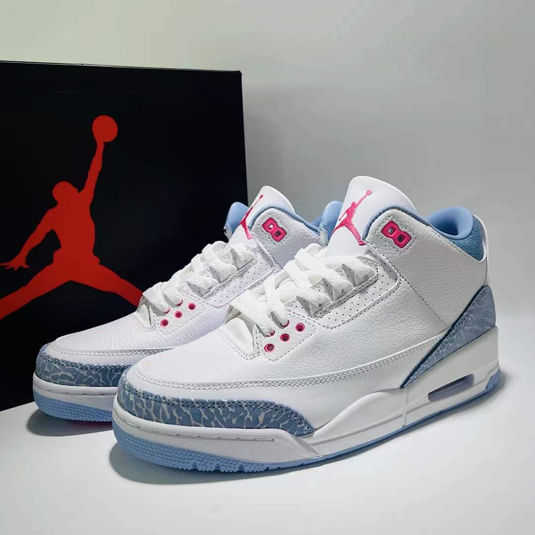Air Jordan 3 Retro White Powder Blue Hyper Pink Elephant Print Sneakers