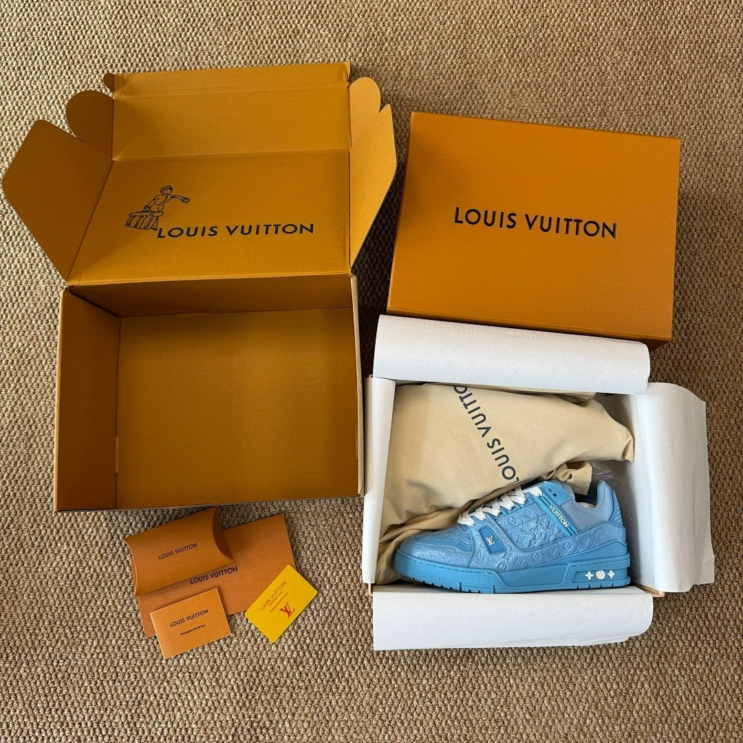 Louis Vuitton LV Trainer Sneaker Monogram Embossed Calfskin Light Blue 1A9Z6L