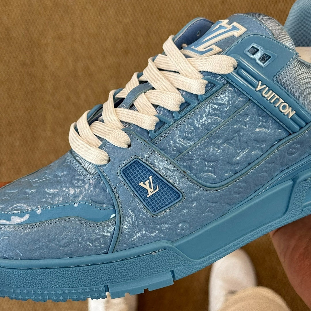 Louis Vuitton LV Trainer Sneaker Monogram Embossed Calfskin Light Blue 1A9Z6L