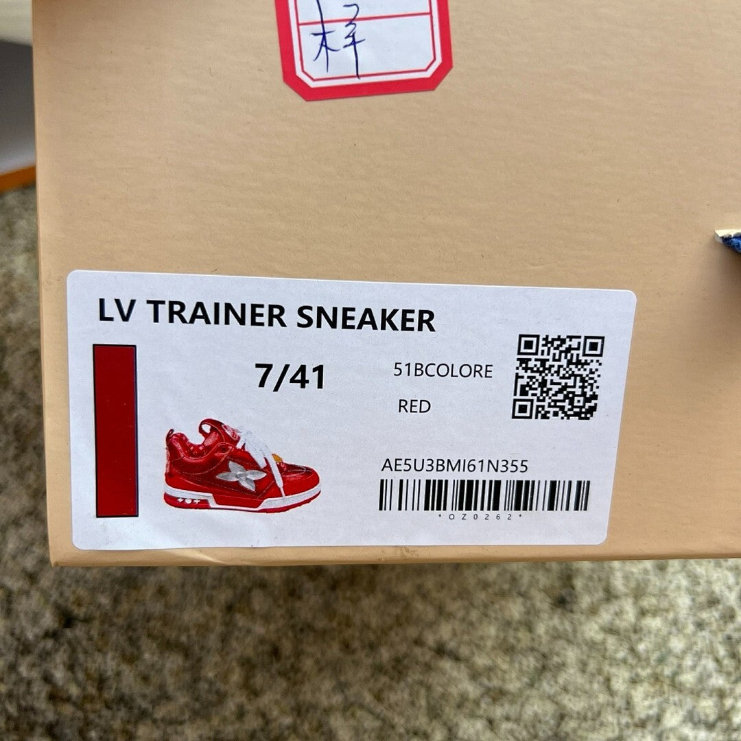 Louis Vuitton LV Trainer Sneaker Red Metallic Monogram Flower