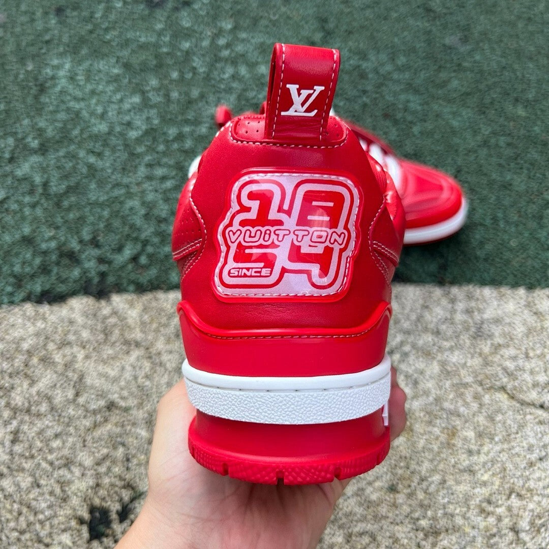Louis Vuitton LV Trainer Sneaker Red Metallic Monogram Flower