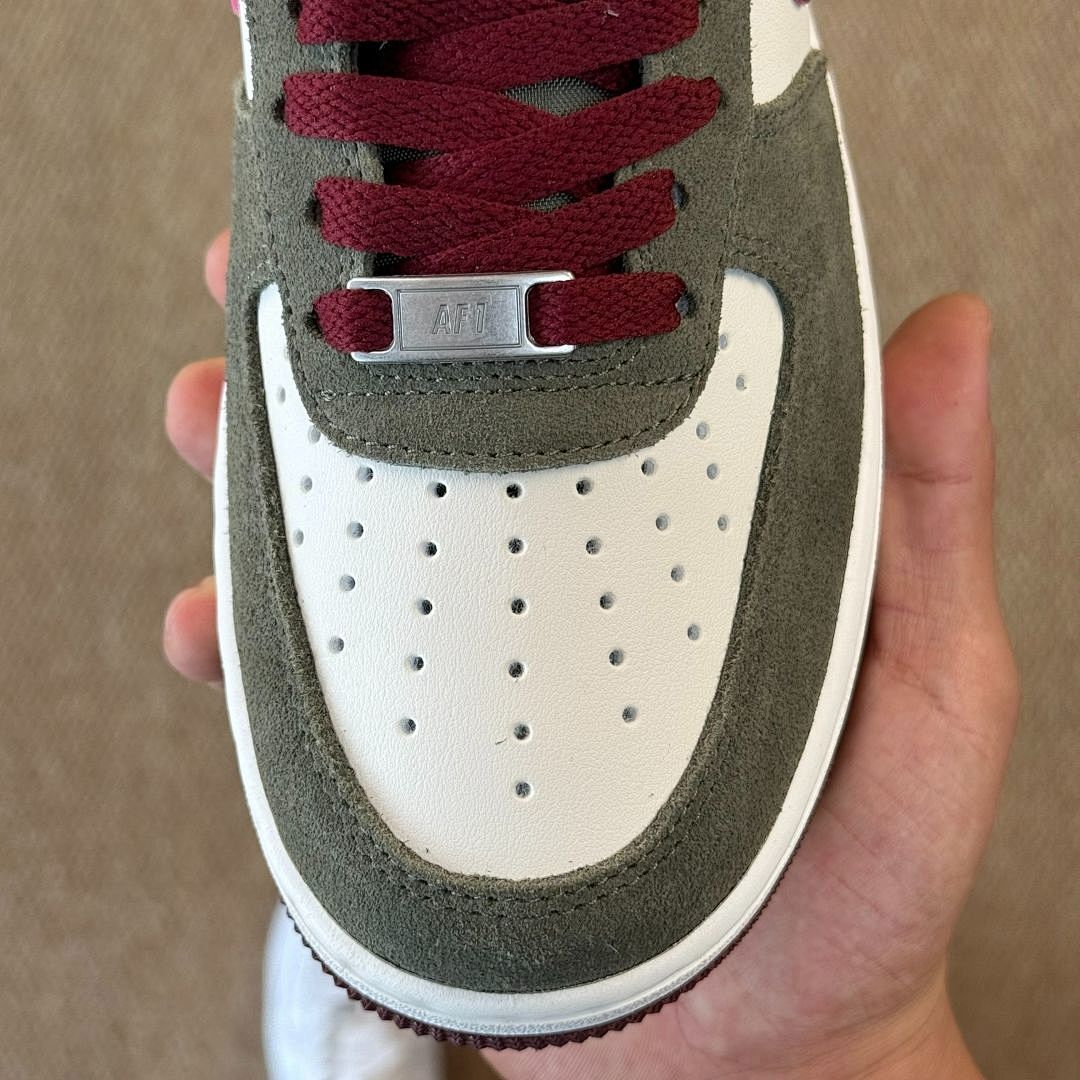 Nike Air Force 1 Low Olive Green Suede White Burgundy