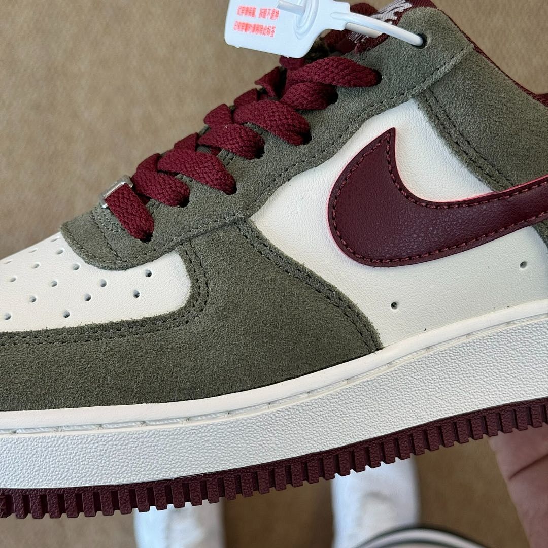 Nike Air Force 1 Low Olive Green Suede White Burgundy