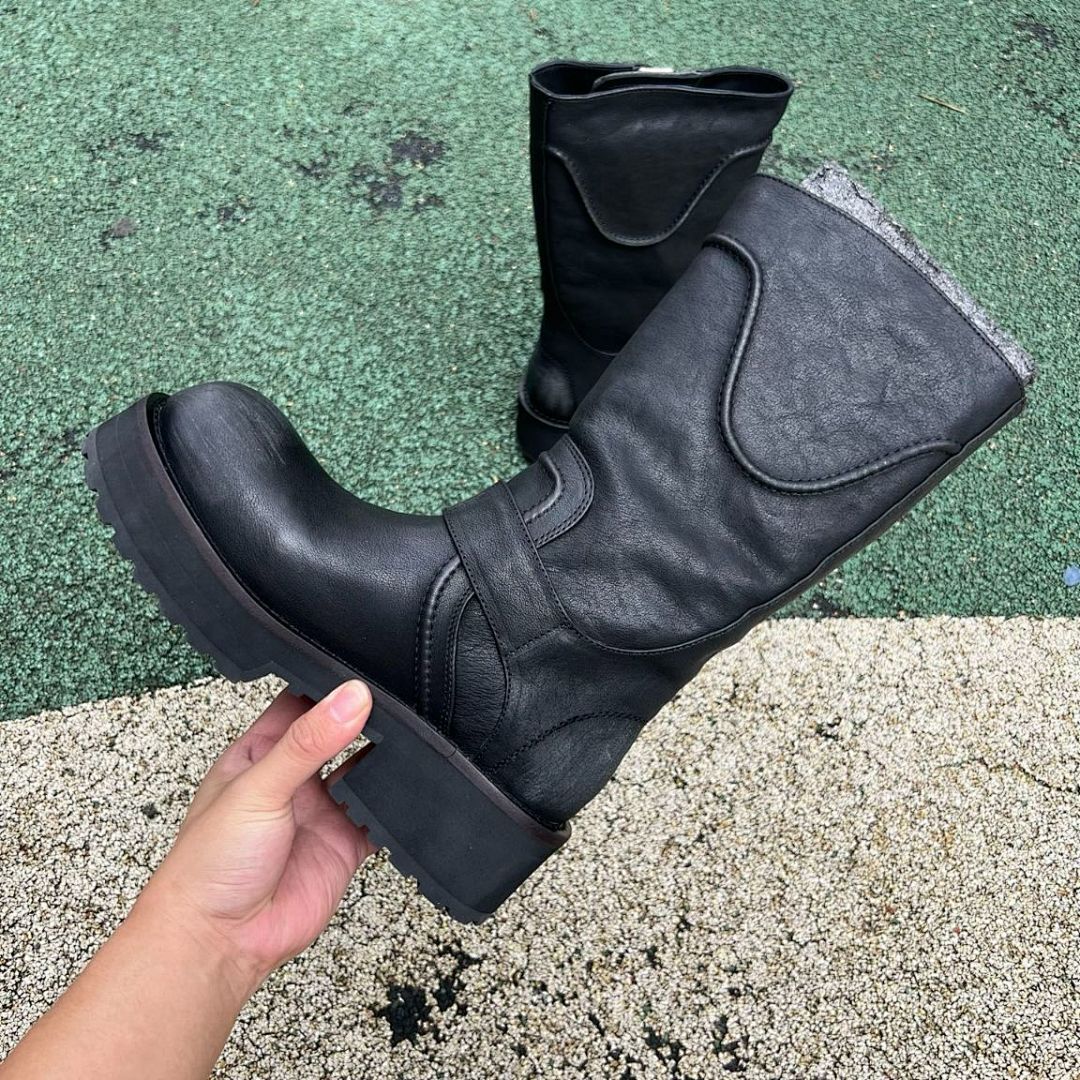 Balenciaga Black Leather Trooper Biker Boots with Embossed 10 AV. GEORGE V Paris Address