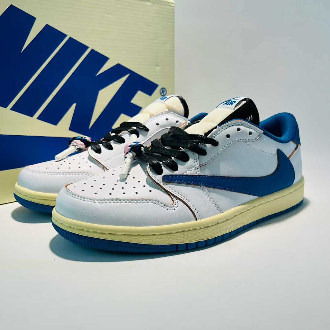 Travis Scott x Fragment x Air Jordan 1 Low OG SP "Military Blue" DM7866-140 Nike White Blue Sail Reverse Swoosh Cactus Jack Collaboration Sneakers Men's Women's Unisex