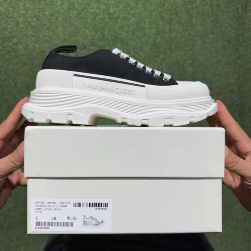Alexander McQueen Tread Slick Lace-Up Canvas Sneakers Black White 611705 W4MV2 1070