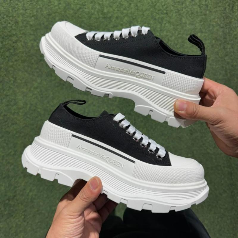 Alexander McQueen Tread Slick Lace-Up Canvas Sneakers Black White 611705 W4MV2 1070