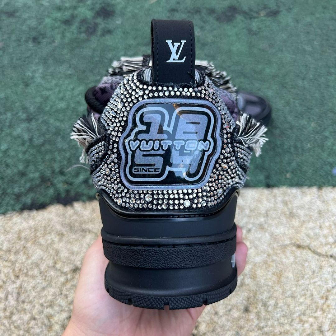 Louis Vuitton LV Trainer Sneaker Black Crystal Embellished Distressed Monogram Mesh