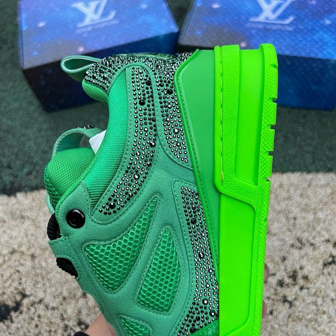 Louis Vuitton LV Trainer Sneaker Fluorescent Green Strass Rhinestone 1A9N7I Men's Luxury Shoe