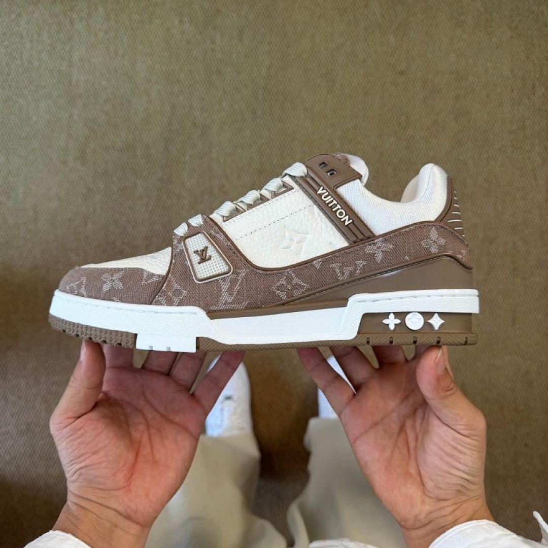 Louis Vuitton LV Trainer Monogram Denim Brown White Ecru Sneaker Luxury Low Top Shoes 1ACW2U