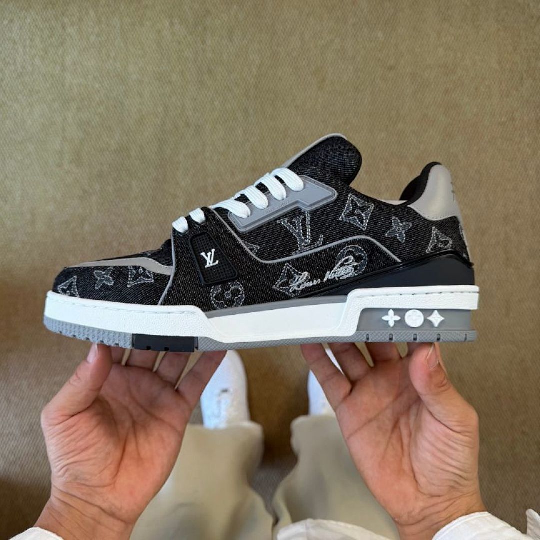 Louis Vuitton LV Trainer Sneaker Black Grey Washed Monogram Denim 1AAG10