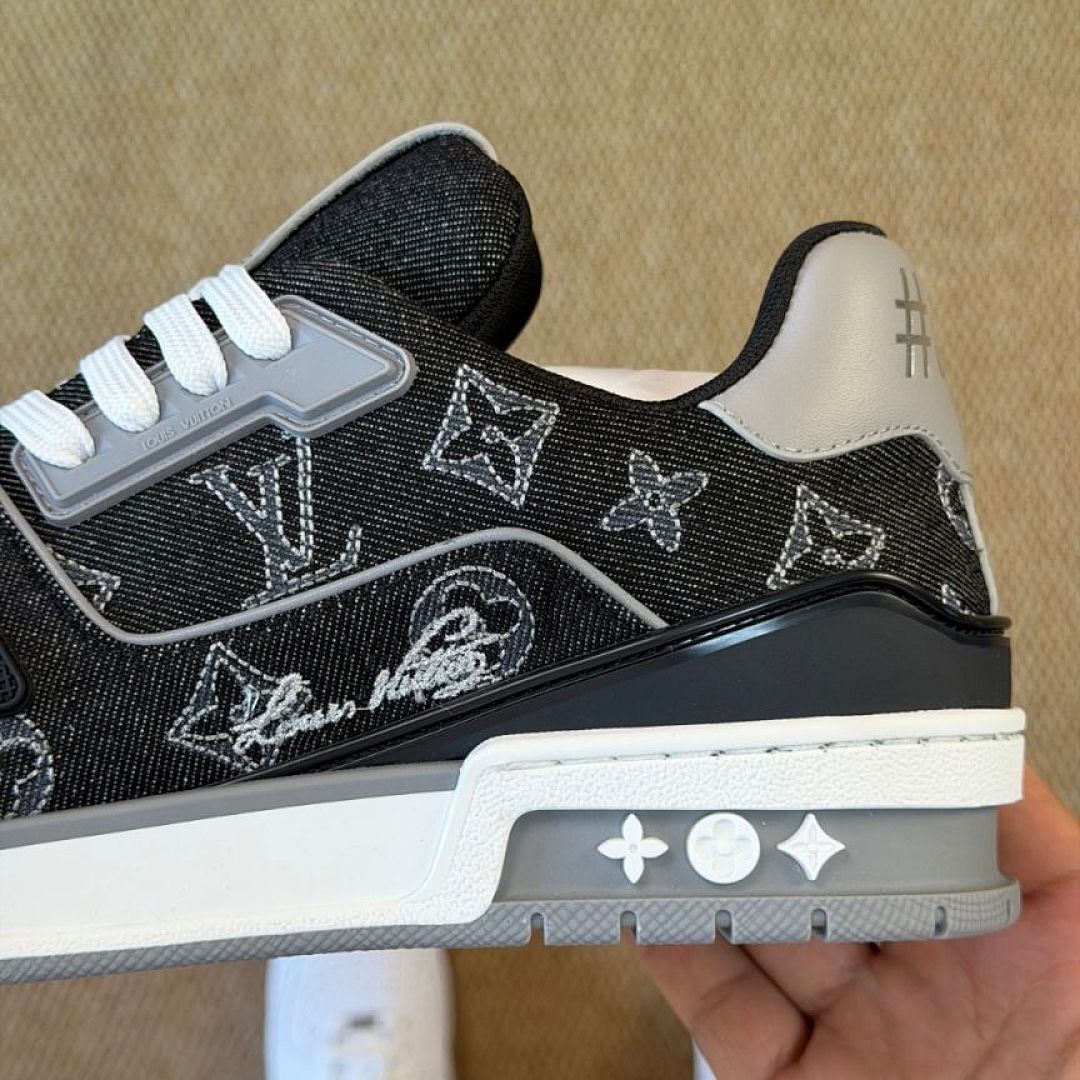 Louis Vuitton LV Trainer Sneaker Black Grey Washed Monogram Denim 1AAG10