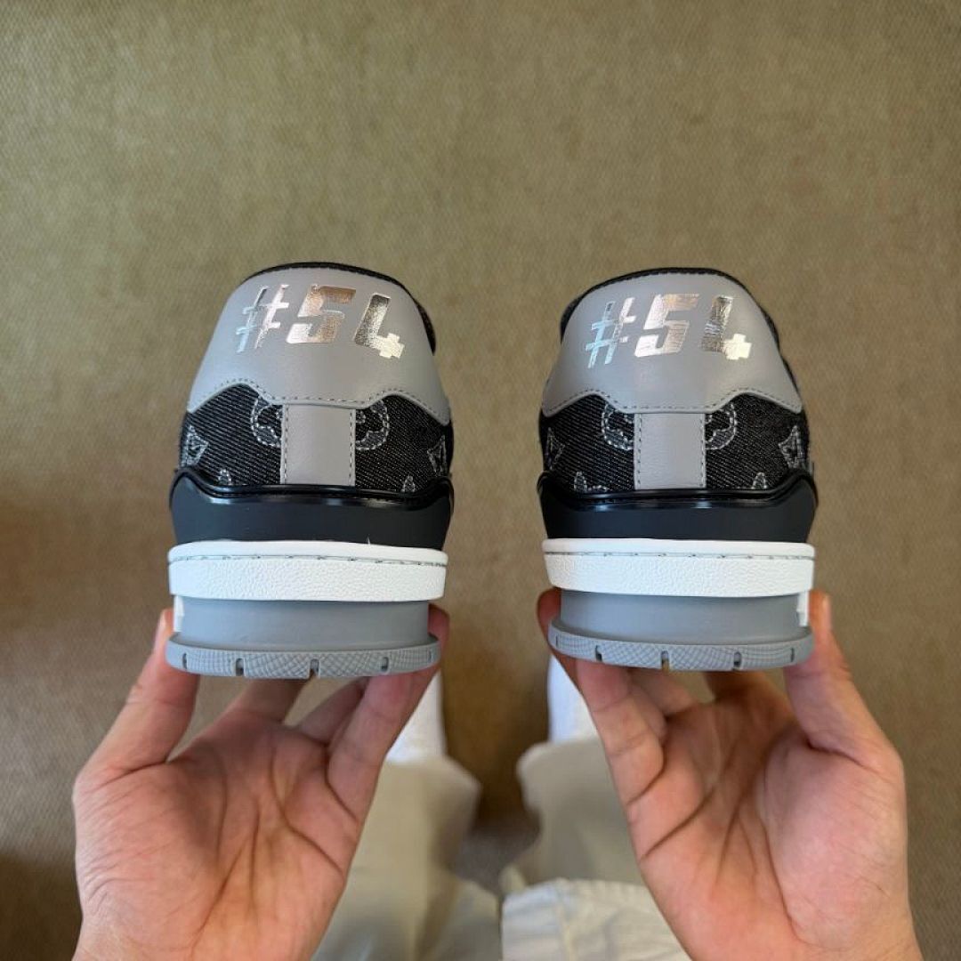 Louis Vuitton LV Trainer Sneaker Black Grey Washed Monogram Denim 1AAG10