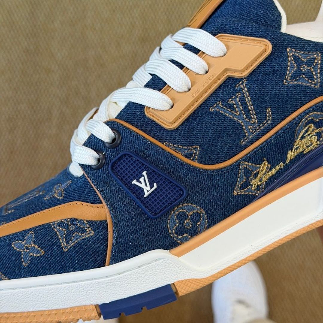 Louis Vuitton LV Trainer Sneaker Blue Monogram Denim with Natural Leather Trim