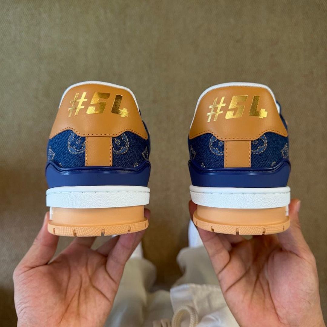 Louis Vuitton LV Trainer Sneaker Blue Monogram Denim with Natural Leather Trim