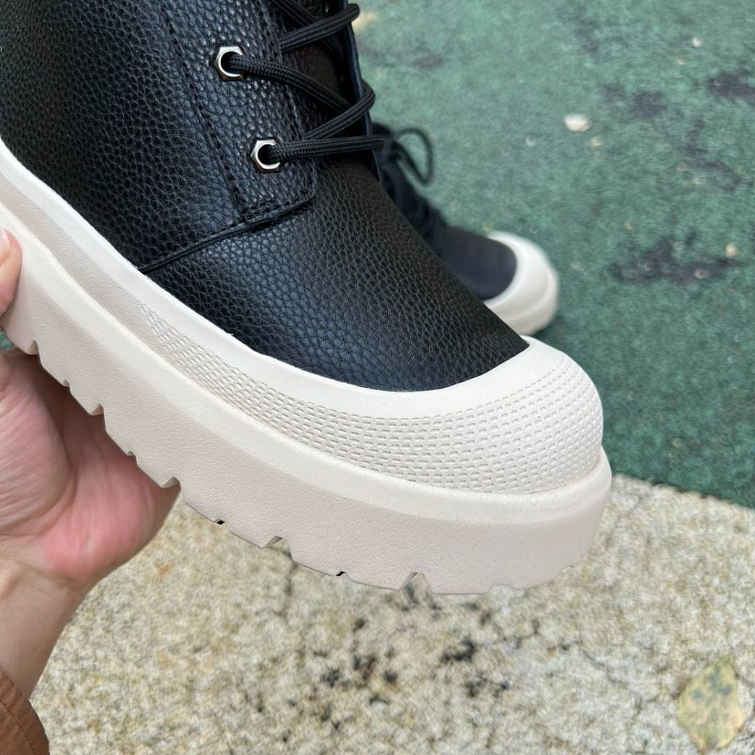 Black Pebbled Leather Lace-Up Combat Boots with Cream Chunky Platform Sole