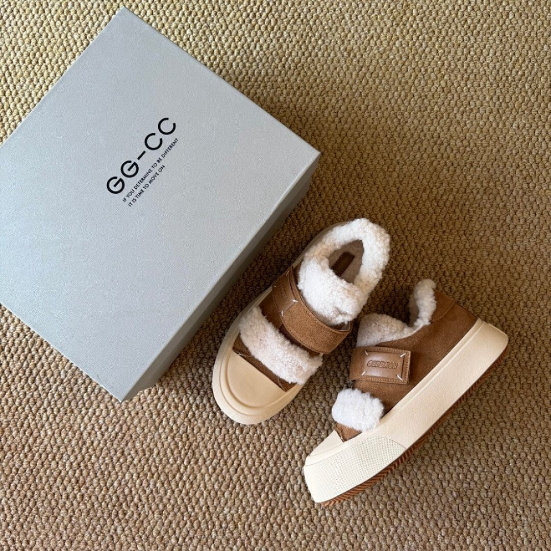 GOODBYE LULU Lamb Wool Suede Fluffy Platform Slippers Brown Shearling Mules Slip-On
