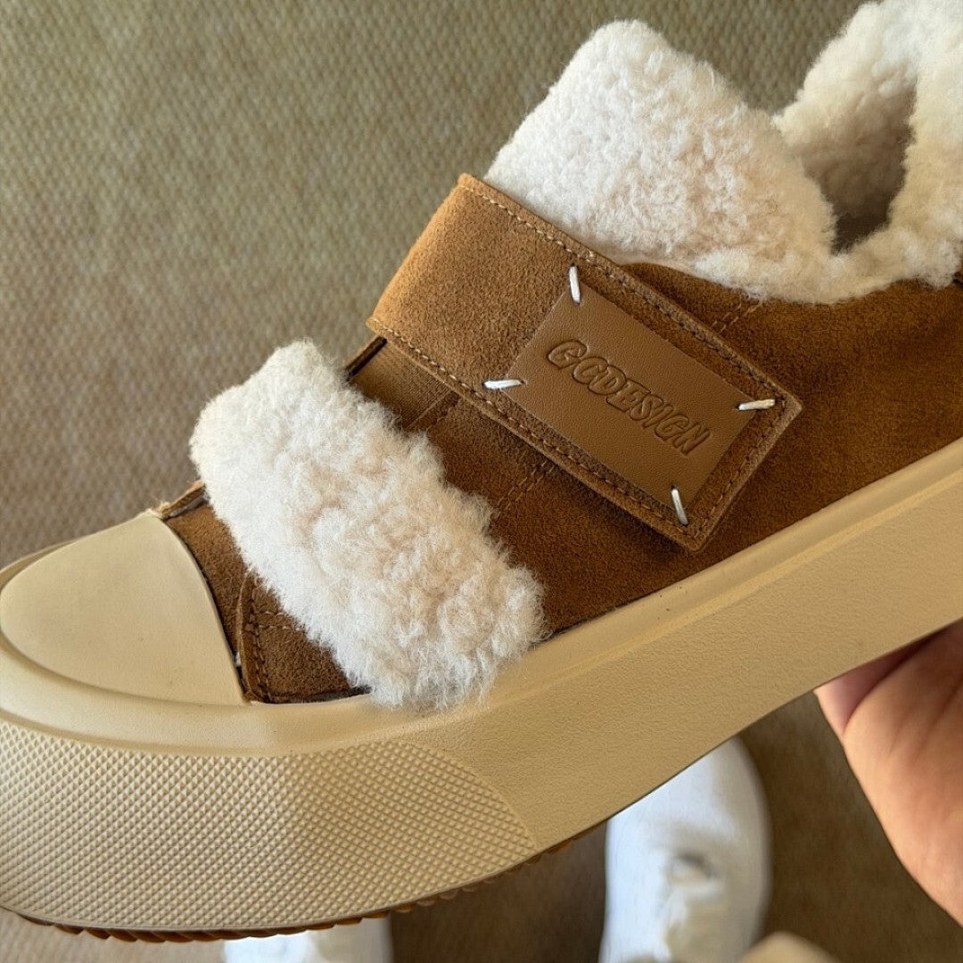 GOODBYE LULU Lamb Wool Suede Fluffy Platform Slippers Brown Shearling Mules Slip-On