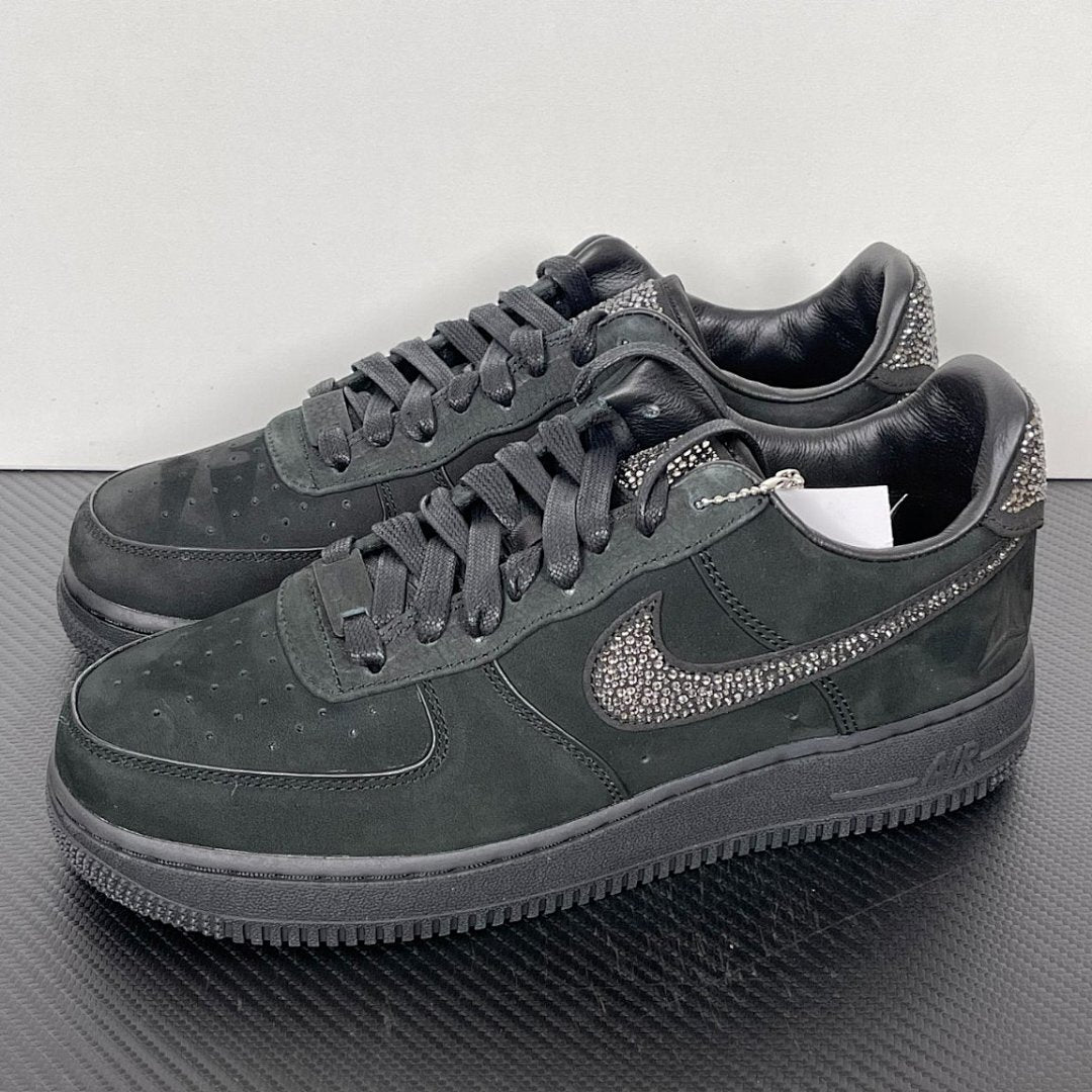 Nike Air Force 1 '07 Low Triple Black Custom Swarovski Crystal Bling Sneakers CW2288-001 with Embossed Heel Logo