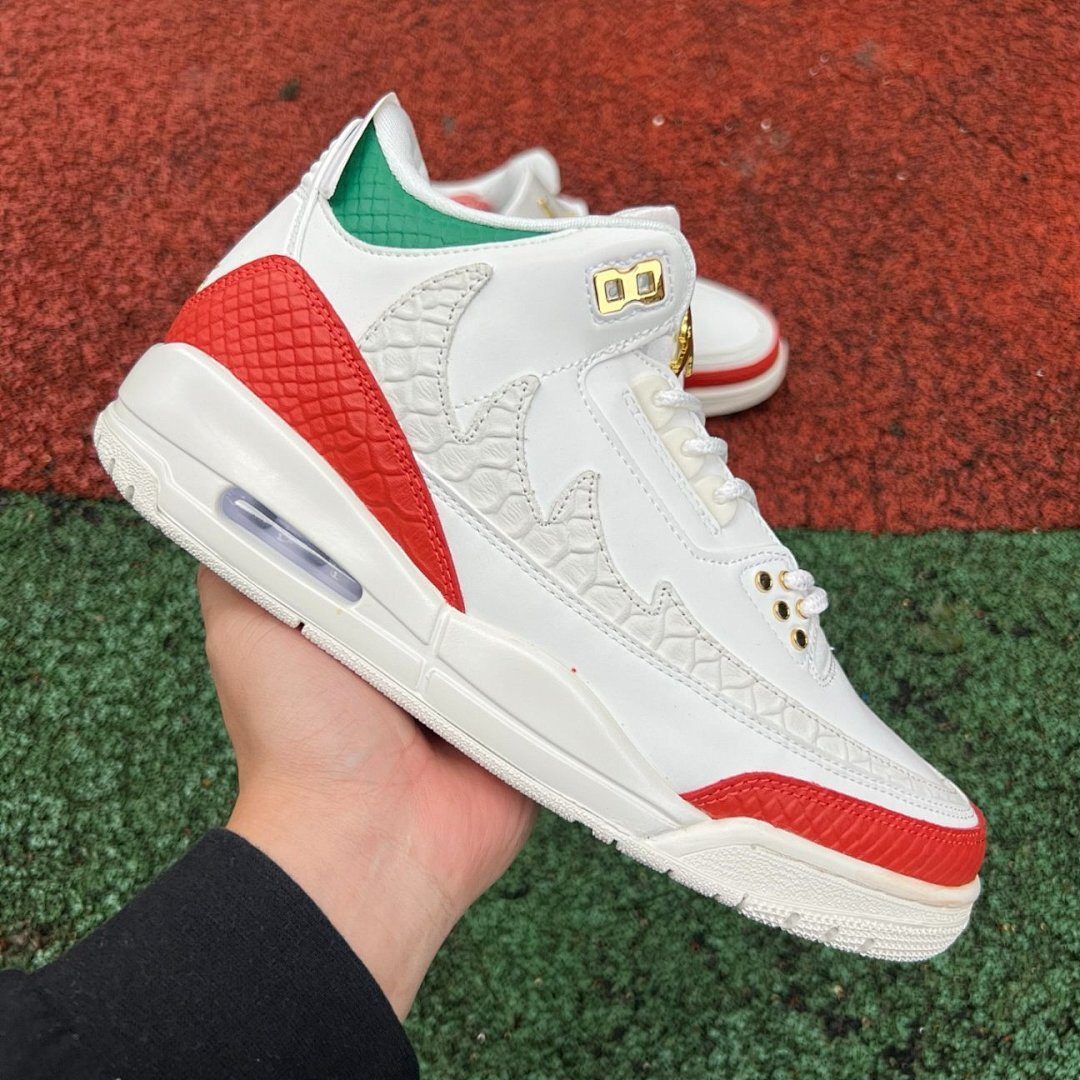 Air Jordan 3 Retro "Medusa" White Red Green Gold Snakeskin Pattern Custom Sneakers Shoes