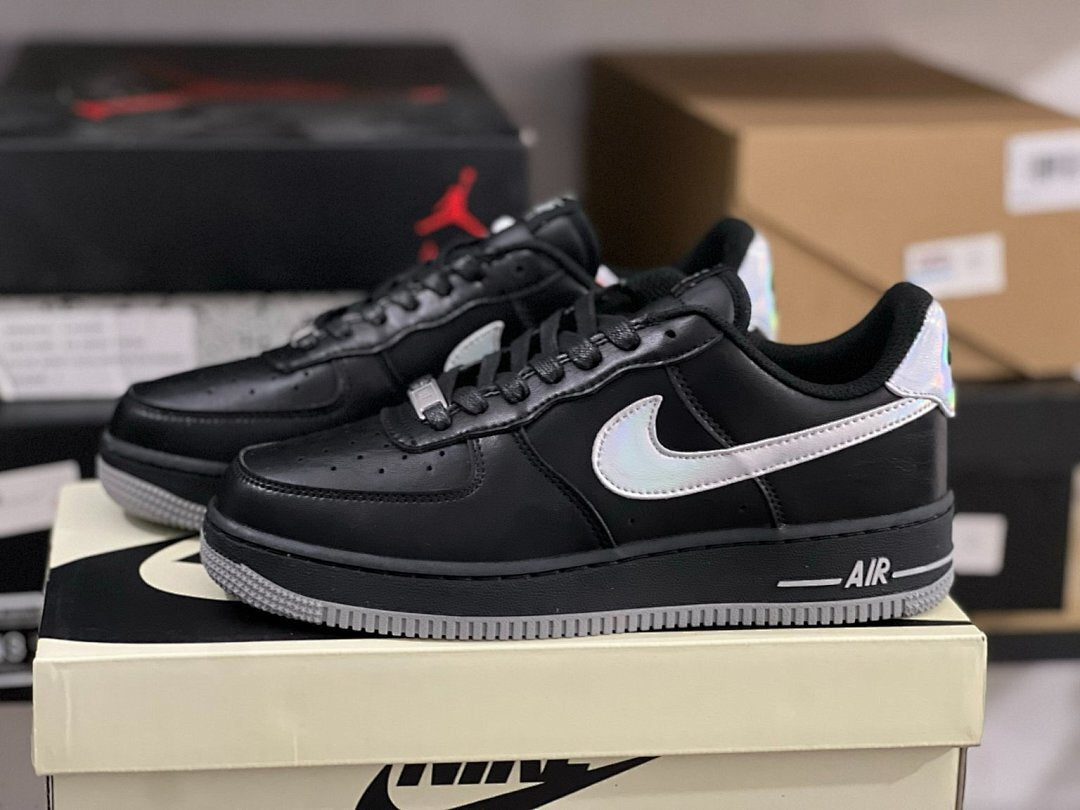 Nike Air Force 1 '07 LV8 Black Iridescent Holographic Swoosh Grey Sole CW6999-001 Sneakers Shoes