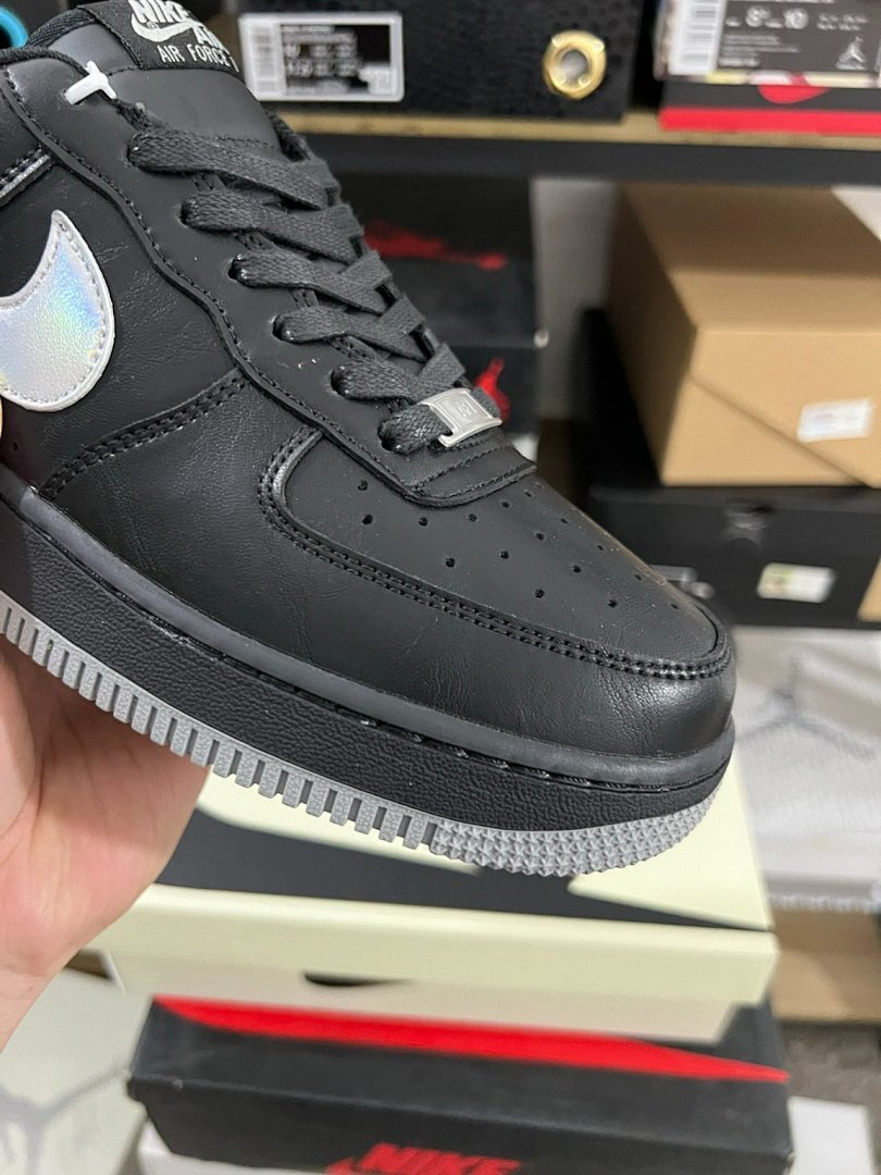 Nike Air Force 1 '07 LV8 Black Iridescent Holographic Swoosh Grey Sole CW6999-001 Sneakers Shoes
