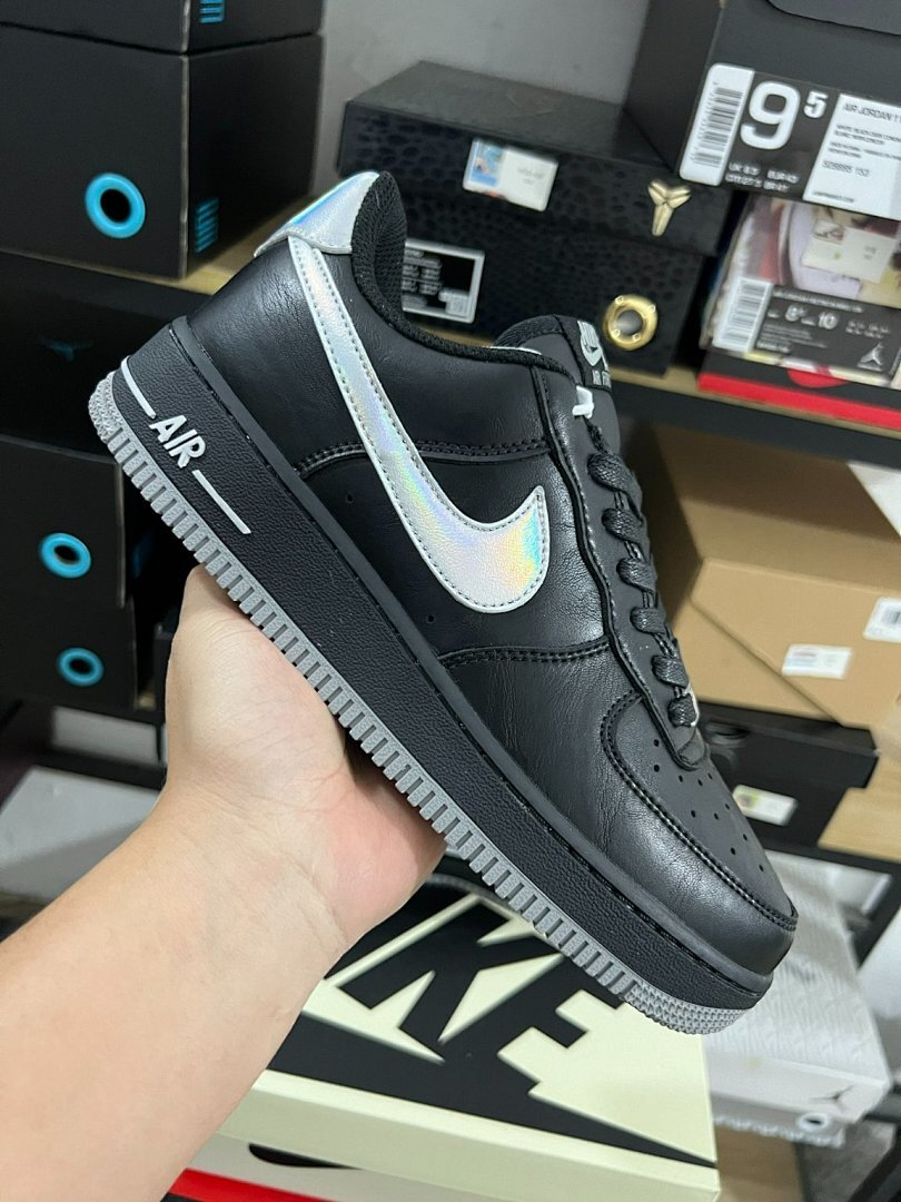Nike Air Force 1 '07 LV8 Black Iridescent Holographic Swoosh Grey Sole CW6999-001 Sneakers Shoes