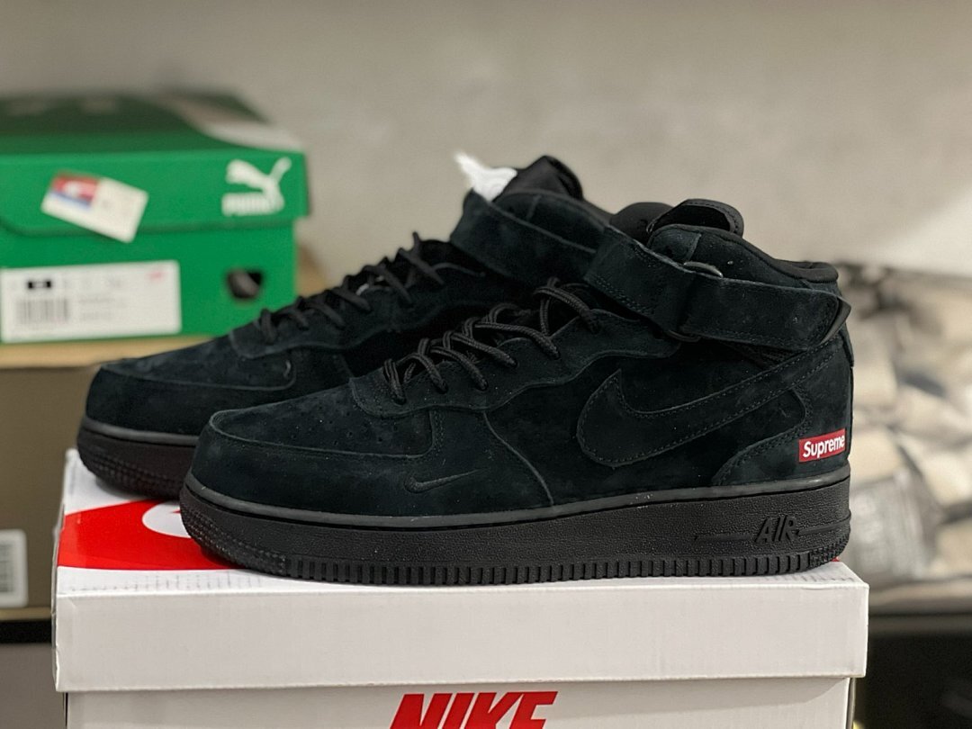 Nike Air Force 1 Mid Supreme Black Suede (2014) Men's Sneakers 645986-001