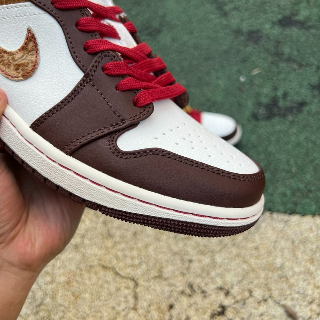 Air Jordan 1 Low OG Year of the Dragon Women's Sail White Chocolate Brown Red Laces Pony Hair Animal Print Embossed Swoosh Gold Deubré Sneakers FN0746-100