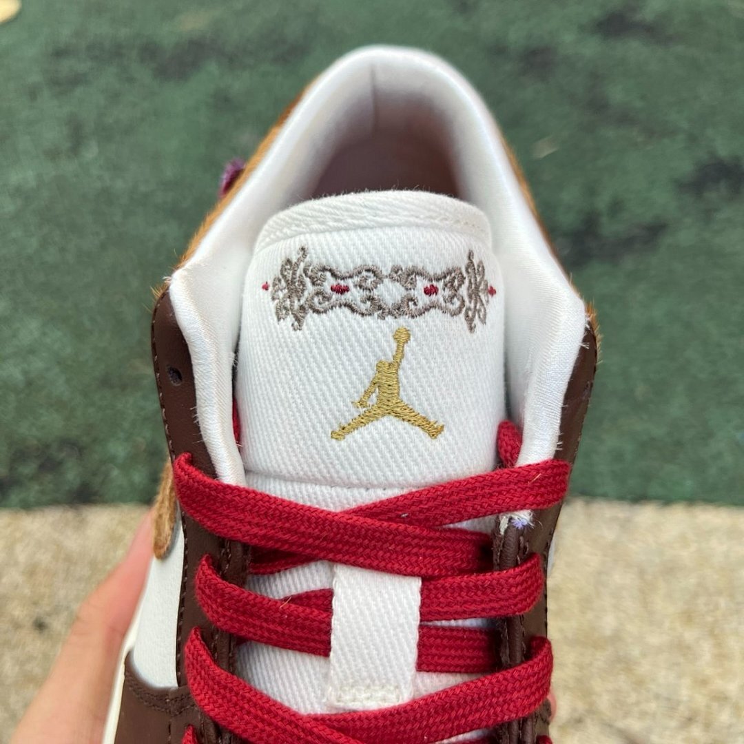 Air Jordan 1 Low OG Year of the Dragon Women's Sail White Chocolate Brown Red Laces Pony Hair Animal Print Embossed Swoosh Gold Deubré Sneakers FN0746-100