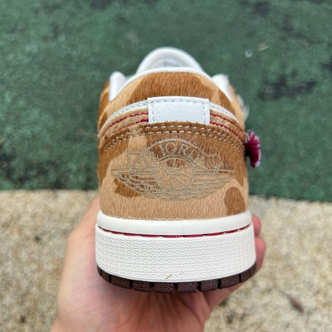 Air Jordan 1 Low OG Year of the Dragon Women's Sail White Chocolate Brown Red Laces Pony Hair Animal Print Embossed Swoosh Gold Deubré Sneakers FN0746-100