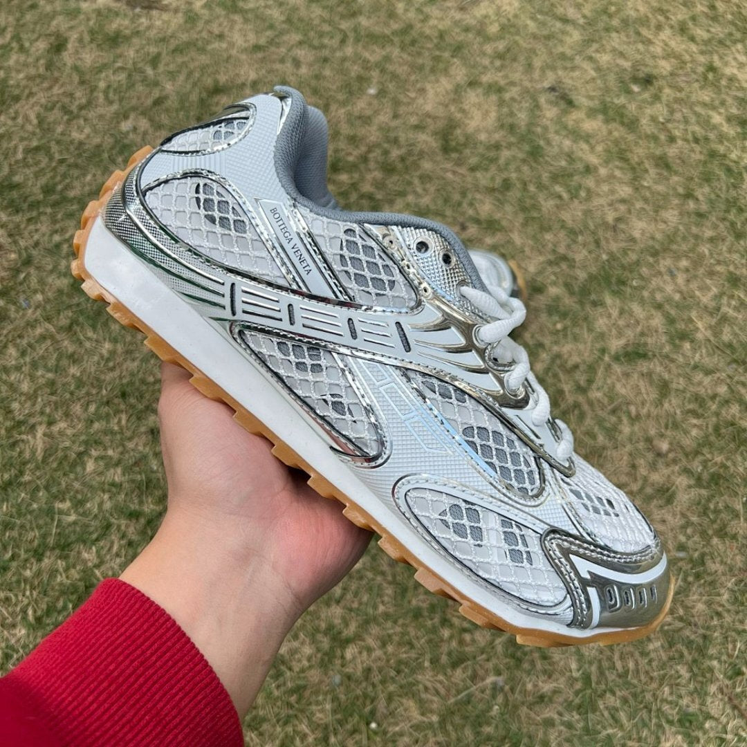 Bottega Veneta Orbit Sneakers Metallic Silver White Mesh Runner Shoes 735147 V2O41 8000