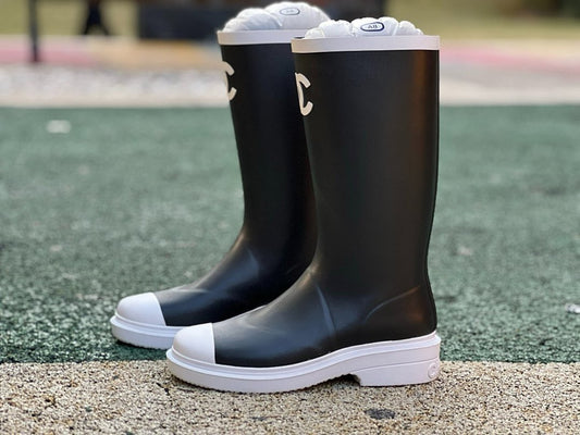 Chanel Black Rubber Rain Boots White Cap Toe CC Logo